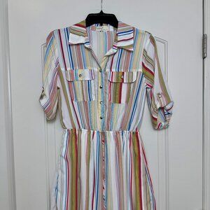 Striped button-down shirt dress with a drawstring waist and 3/4 sleeves w/tabs